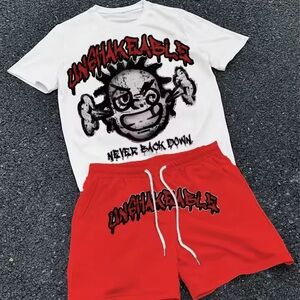 Natori White Graphic Tee and Red Shorts Set